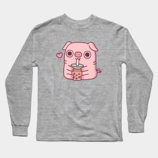 Cute Chubby Piggy Loves Drinking Bubble Tea Long Sleeve T-Shirt